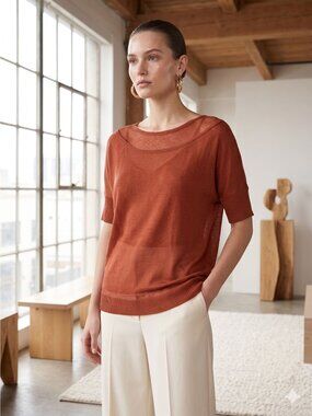 Sarah Pacini Sheer Knit Top One Size OS Burnt Orange Made in Italy Batwing Blous